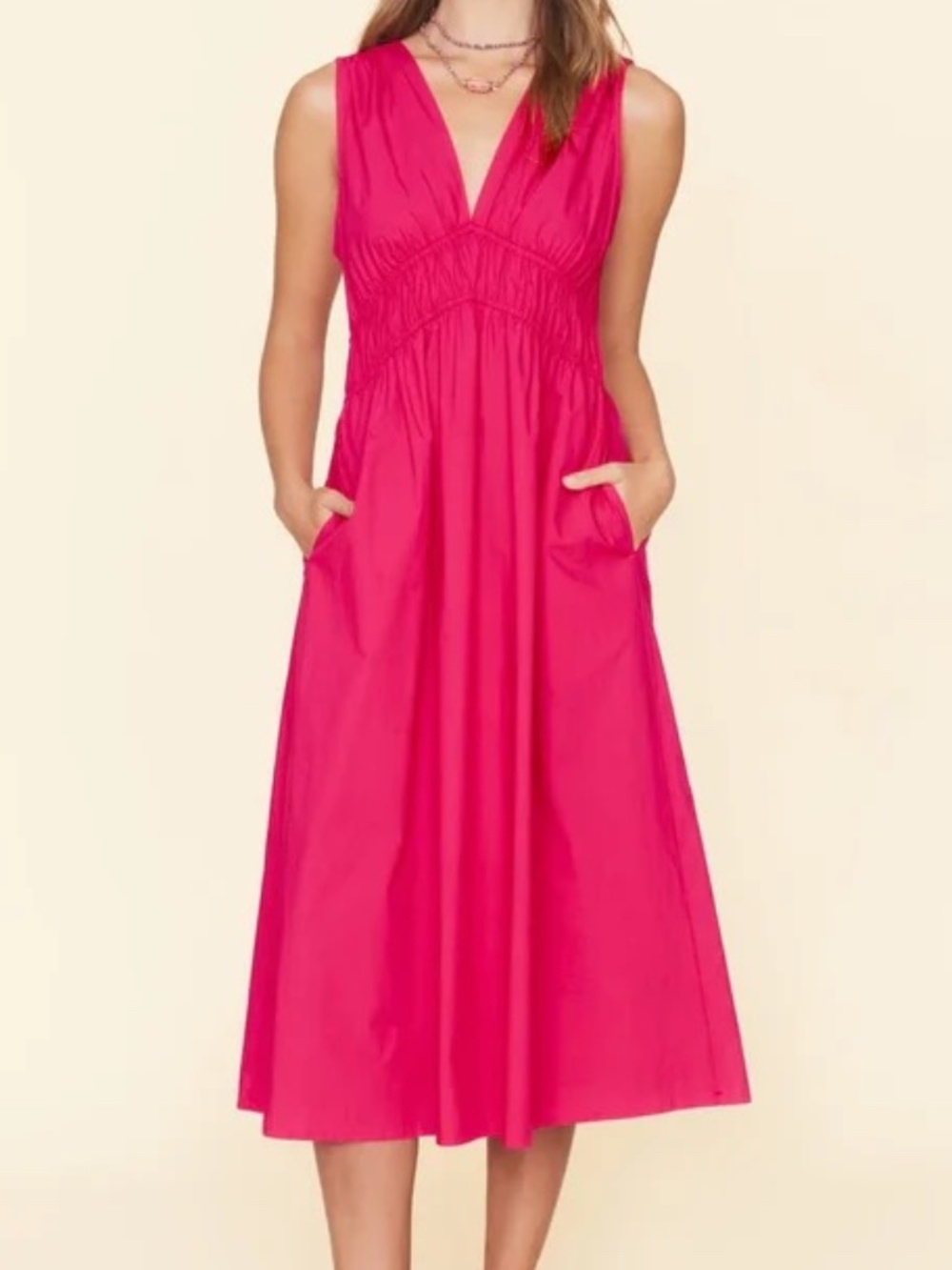 Xirena CYRA Cotton Poplin Pink Tulip V-Neck Shirred Midi Dress Pockets SMALL
